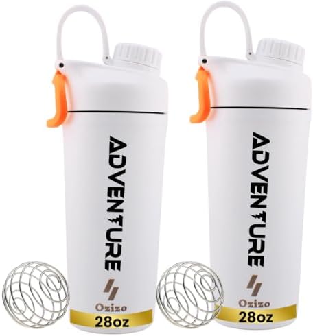 Ozizo 2 Pack Stainless Steel Insulated Protein Shaker Bottle for Protein Mixes, 28oz Leak Proof Shaker Cup with Wire Whisk Ball, White by Ozizo