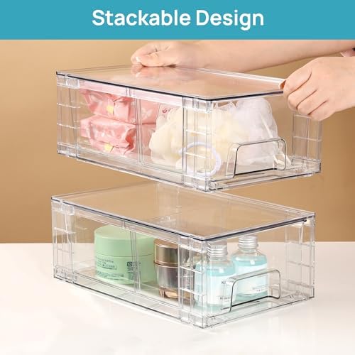 4 Pack Stackable Clear Drawer with Dividers