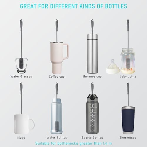 15.7" Silicone Bottle Brush, ddLUCK Water Bottle Cleaner Brush for Stanley, Hydroflasks, Glass, Thermos Sports Bottle, Vase and Glassware, Bottle Brush Cleaner for Small Narrow Neck Containers (Gray) - Image 2