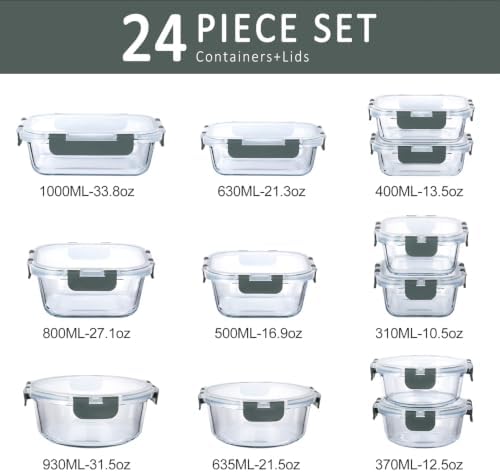 24 Piece Glass Food Storage Containers with Lids,Gray