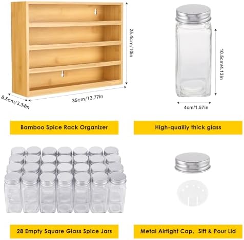 Bamboo Spice Rack Organizer With 28 Glass Spice Jars 4 oz, for Countertop