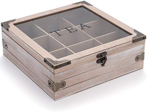 Tea Box Organizer, Rustic Tea Bag Storage with Clear Lid