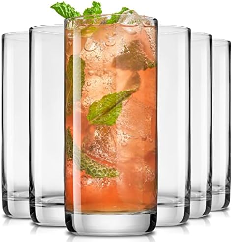 Faye 13oz Highball Glasses, 6pc Tall Glass Sets. Lead-Free Crystal Drinking Glasses. Water Glasses, Mojito Glass Cups, Tom Collins Bar Glassware, and Mixed Drink Cocktail Glass Set