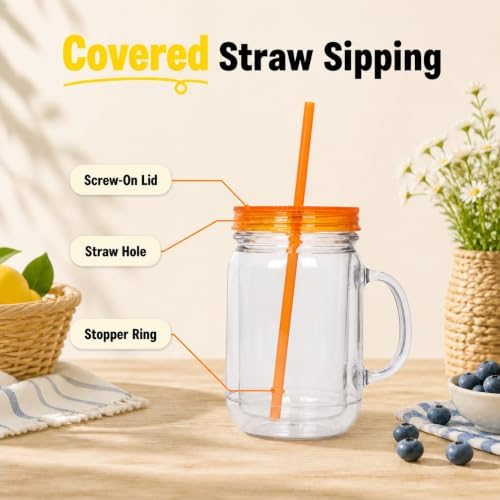 Plastic Mason Jars with Handles, Lids and Straws | 20 oz Double Insulated Tumbler with Straw | 4 Pack Set of 4 | Wide Mouth Mason Jar Mugs | Cups for Kids and Adults…