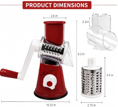 Rotary Cheese Grater Hand Crank, Cheese Shredder with Interchangeable Stainless Steel Blades, Vegetable Slicer with Strong Suction Base, Food Grater for Cheese, Potato, Carrot
