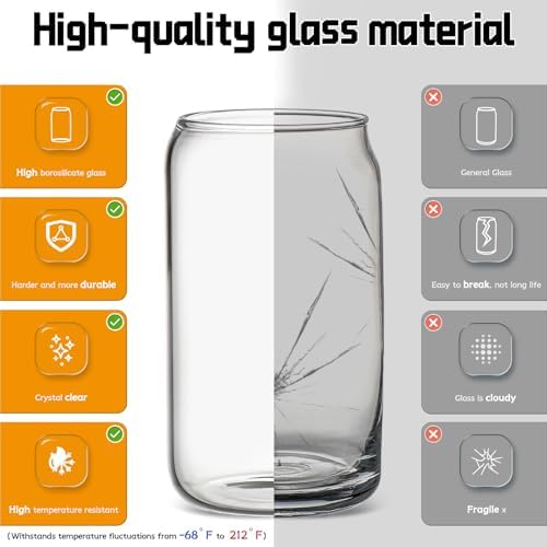 Glass Cups with Lids and Straws 6 pcs, 16 oz-DWTS Cute Tumbler,Beer Drinking Glasses,Clear for Iced Coffee, Tea with Bamboo Lids for Gifts