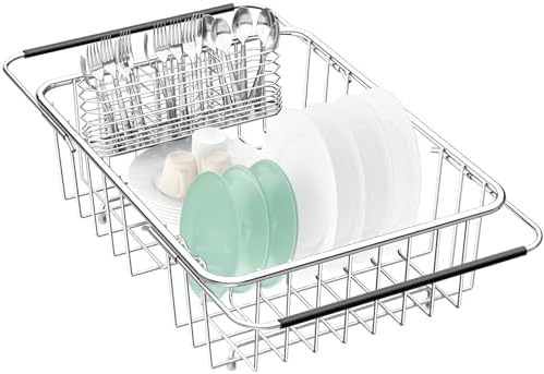 Large Dish Drainer Rack in Sink Adjustable, Expandable 304 Stainless Steel Metal Dish Drying Rack Organizer with Stainless Steel Utensil Holder Over Inside Sink Counter, Rustproof
