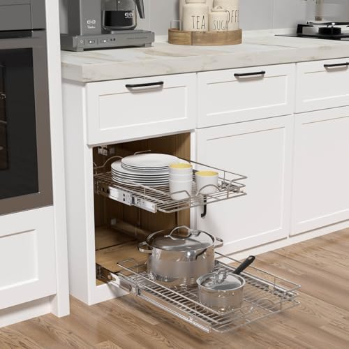 2 Tier Pull Out Cabinet Organizer (14" W x 21" D), Pull Out Drawers for Kitchen Cabinets, Pull Out Shelves for Base Cabinet Organization in Kitchen Bathroom Pantry, Chrome Finish