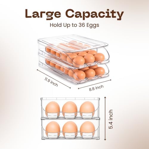 Auto Rolling Egg Holder for Fridge, 2-Tier Stackable Egg Dispenser Container with Lid, Clear BPA-Free Plastic Refrigerator Egg Storage Bin Tray, Space Saving Organizer for 36 Eggs - Pack of 2