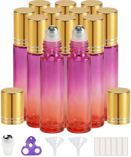 PrettyCare 12 Pack, 10 ml Essential Oil Roller Bottles with Stainless Steel Roller Ball - Refillable Leak-proof Empty Thick Red & Purple Glass Roll on Bottles with Golden Caps for Travel, Perfume by PrettyCare