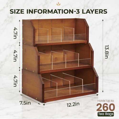 3-Layer Stackable Bamboo Tea Bag Organizer Storage Holder, Brown
