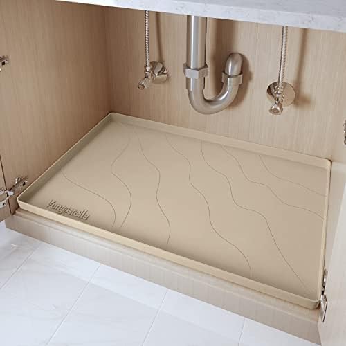 Heavy Duty Silicone Under Sink Mat for Kitchen Waterproof 34" x 22", Extra Thick Rubber Mat Drip Tray, Raised Edge Under Sink Liner, Prevent Drips, Leaks, Spills, Beige