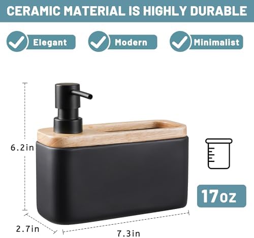 2-in-1 Ceramic Soap Dispenser with Sponge Holder,Black,17 Oz