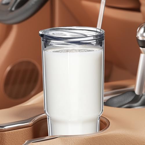 30oz/2 pcs Classic Insulated Tumblers,Double Wall Acrylic Tumbler with Lid，Reusable Plastic Insulated Tumblers with Straw，for cold drinks, sand ice, whatever you like(transparent,2 pack)