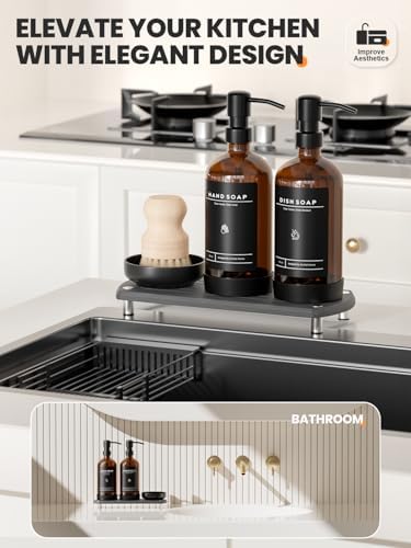 [Luxury] Kitchen Soap Dispenser Set - 16OZ Amber Glass Bottle, Stainless Steel Pump, Instant Dry Tray, Waterproof Labels, Non-Slip Silicone Pad, and Dish Brush | Upgrade for Your Kitchen and Bathroom