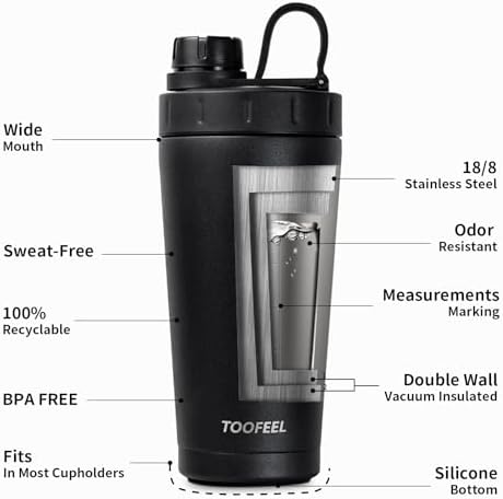 TOOFEEL Stainless Steel Shaker Bottle - 20 oz Double Walled Insulated Shaker Cup, Keeps Cold/Hot, For Protein Mixes & Gym Workout - Image 5