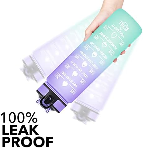 Water Bottle with Straw & Time Marker, Plastic 32oz Leakproof