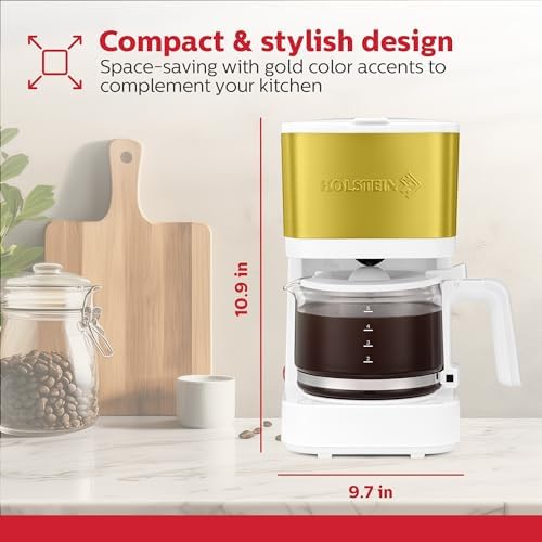 Holstein Housewares 5 Cup Coffee Maker – Compact Drip Coffee Machine with Auto Pause & Serve, Reusable Filter, Glass Carafe, Water Window & Warming Plate. White & Gold - Image 6