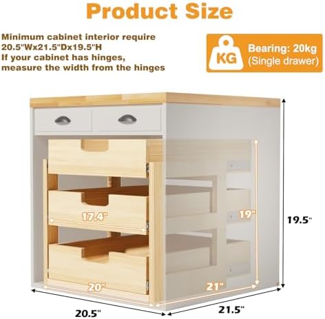 Pull Out Cabinet Organizer, 20''W×21''D Sliding Drawers for Cabinets, 3 Tier Soft Close Slide Out Wooden Pull out Drawers, Base Cabinet Organization for Kitchen, Pantry, Bathroom