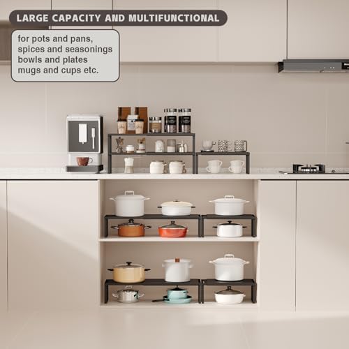 Expandable Cabinet Shelf Organizer, 2 Pack Stackable Kitchen Counter Shelf Riser, Metal Spice Rack Heavy Duty Countertop Organizer Storage for Kitchen, Pantry, Cupboard, Rv (5.9in Height,Black)