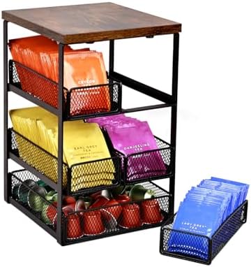 Tea Bag Organizer with 5 Drawers, Wooden & Metal Tea Storage Organizer for TeaBags, Coffee Pods, Creamers & Sugar – Countertop Tea Bag Holder for Coffee Bar and Kitchen, Space-Saving Tea Storage Rack