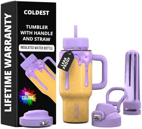 Coldest Tumbler with Handle & Coffee Lid - 100% Spill Proof Tumbler (3 Lids) - Stainless Steel Insulated Leakproof Tumblers for Women & Men - Cup Holder Friendly - 24 oz (I Love Icecream) by Coldest