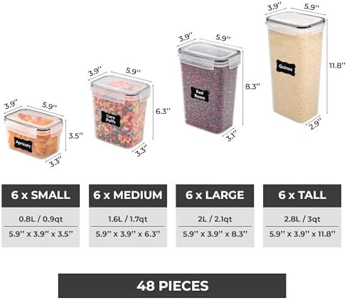 Kitchen Storage Containers with Lids, 48 PCS Airtight Food Storage Containers, Plastic Kitchen Containers, Pantry Containers for Cereal, Dry Food, Includes Labels, Marker & Measuring Spoons