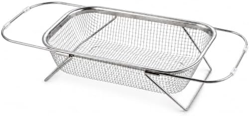 Expandable Over the Sink Colander, 14.6 x 10.6 Inch Stainless Steel Mesh Strainer Basket with Extendable Handles and Folding Feet for Washing Fruit, Vegetables and Draining Dishes, Large
