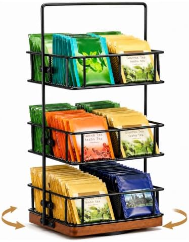 3 Tier Rotating Tea Bag Organizer Iron & Acacia Wood 360°Spinning Carousel