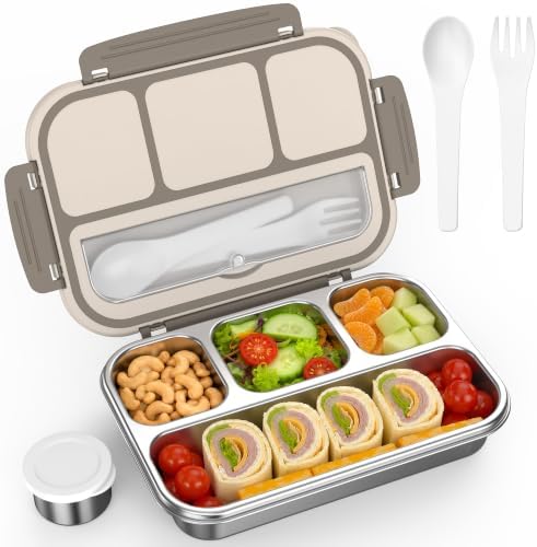 Stainless Steel Bento Box Adult, Leakproof Metal Lunch Box Containers 4 Compartments, 32 Oz Reusable Food Storage Containers for Office and Work, Brown
