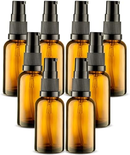 VitalUp Amber Glass Pump Bottles (8-Pack) 30ml - Glass, Refillable, Essential Oil by Vitalup