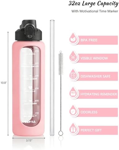 32 oz Glass Water Bottles with Straw, Water Bottle with Time Marker