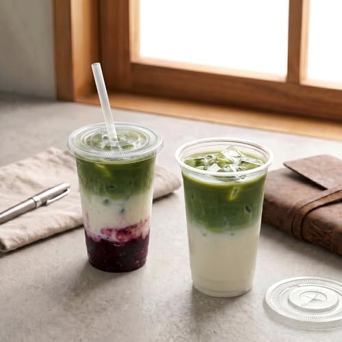 100 Sets - 12oz Clear Plastic Cups with Lids and Straws, Disposable Cups for Iced Coffee, Smoothie, Milkshake, Cold Drinks