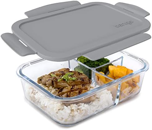 Glass Lunch Box, Leak-Proof, 3-Compartment, 5-Cup Capacity