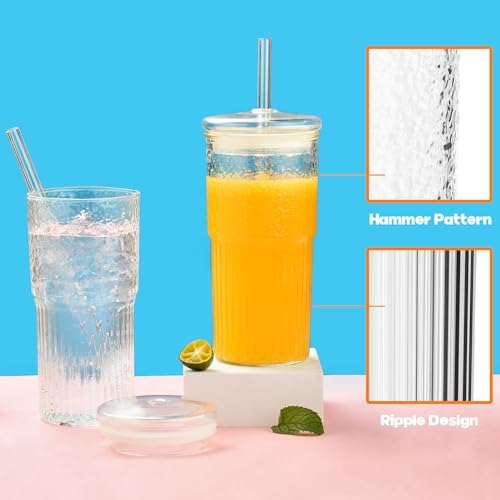 Glass Cups with Lids and Straws, 22 oz High Borosilicate Clear Iced Coffee Glass Tumblers, Drinking Glass Smoothie Tea Water Cups, Pack of 2 with Cleaning Brush