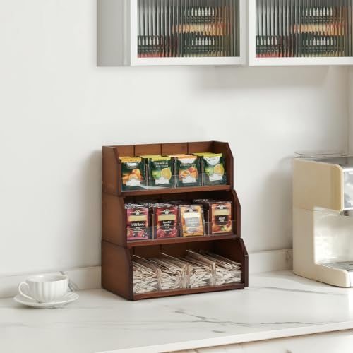 3-Layer Stackable Bamboo Tea Bag Organizer Storage Holder, Brown