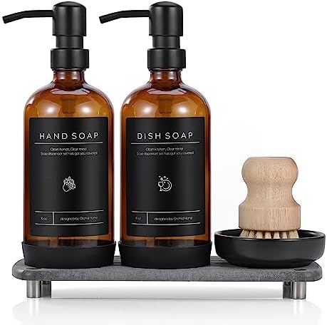 [Luxury] Kitchen Soap Dispenser Set - 16OZ Amber Glass Bottle, Stainless Steel Pump, Instant Dry Tray, Waterproof Labels, Non-Slip Silicone Pad, and Dish Brush | Upgrade for Your Kitchen and Bathroom