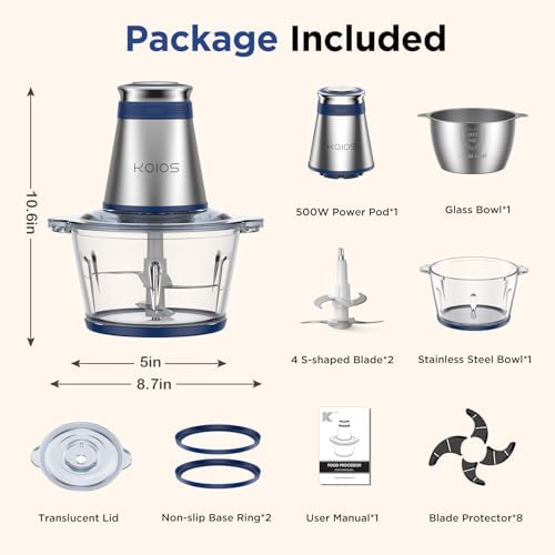 Food Processor, 500W Electric Food Chopper with 2 Bowls (8 Cup+8 Cup) & 2 Bi-Level Blades&, Small Electric Grinder Meat Processor for Nuts, Meat, Onion, Garlic, Baby Food, Blue