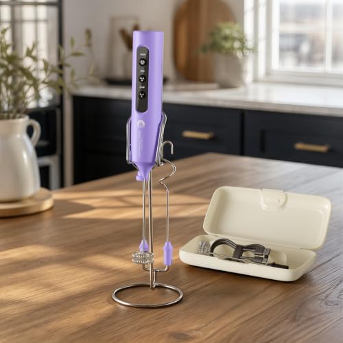 Rechargeable Milk Frother with Stand, 4 Interchangeable Whisks & Travel Case – Handheld Mixer for Lattes, Matcha, Hot Chocolate, Eggs & Protein Shakes by NewEnglandStories