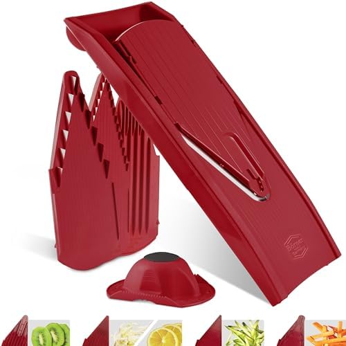 Mandoline Food Slicer Börner V1 (Starter Set) by Reston Lloyd • V-Slicer with 3 Blade Inserts & Food Holder • Made in Germany • Fruit & Vegetable Chopper • Multiple Settings • Color: Red - Image 7