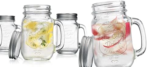Mason Drinking Jars – Set of 4, 15.25 Oz Clear Glass Jar with Handle and Lid. – Ice-Cold Drink Glassware Logo – Glass Mugs Ideal for Cold Beverages, Juice, Smoothie, Cocktails.