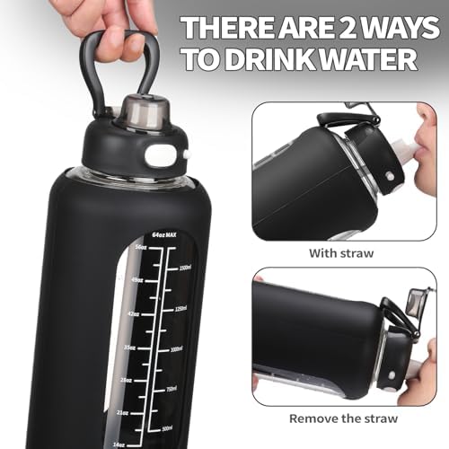 64 oz Borosilicate Glass Water Bottle with Straw, Motivational Sports Bottle, Durable Silicone Sleeve, Time Marker, for Gym, Sports, Workout, Daily
