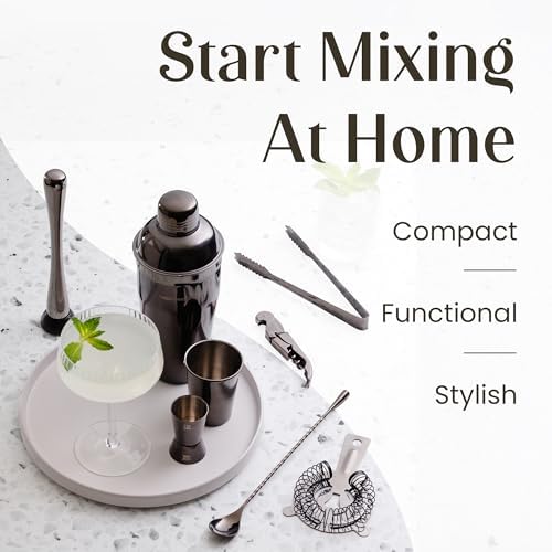 Pro-Graded Cocktail Shaker Set with Stand | Complete Bartender Kit | 24oz Martini Shaker, Jigger, Strainer, Bar Spoon, Tongs, Opener, Muddler, Home Bar Essentials
