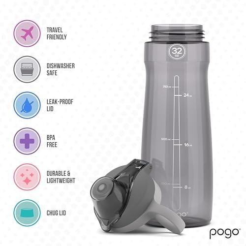 Pogo BPA-Free Tritan Plastic Water Bottle with Chug Lid, 32 Oz, Grey - Image 5