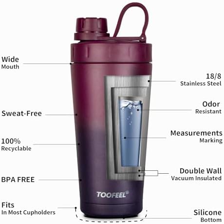 TOOFEEL Stainless Steel Shaker Bottle - 20 oz Double Walled Insulated Protein Shaker Cup, Keeps Cold/Hot for Gym Workout - Image 5