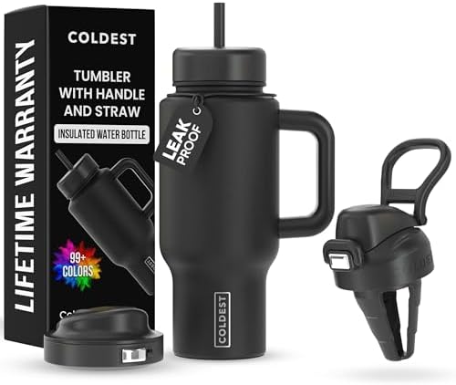 Coldest Tumbler with Handle and Coffee Lid - 100% Spill Proof Tumbler with Straw (3 Lids) - Stainless Steel Insulated Leakproof Tumblers for Women & Men - Cup Holder Friendly - 24 oz (Stealth Black) by Coldest