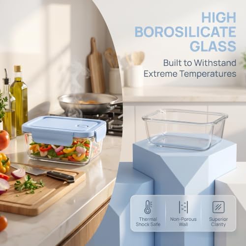 Glass Meal Prep Containers with Lids, 4 Pack 22oz, Borosilicate Glass Food Storage Containers, Leakproof Locking Lids, Microwave, Oven & Freezer Safe