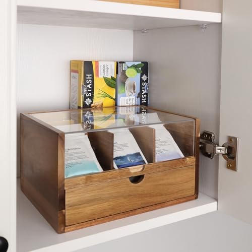 Acacia Wood Tea Organizer 2 Tier with Drawer,Large Capacity