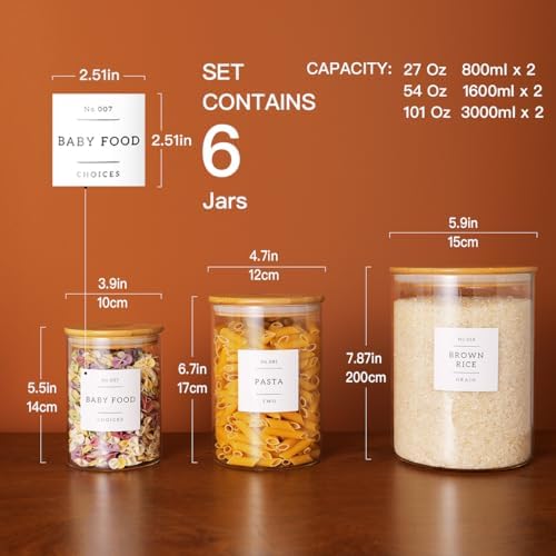 Set of 6 Glass Flour and Sugar jars with 132 Kitchen Pantry Labels - Thicken Large Glass Storage containers with Airtight Bamboo Lid - Rice Canisters for Salt Coffee - 100OZ/54OZ/27OZ