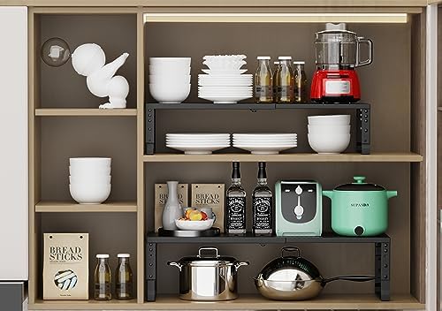 Expandable Adjustable Stackable Kitchen Organizer, Spice Rack,Metal Pantry Storage Shelves Racks,Counter Shelf for Cabinets, Countertop, Cupboard (2 Packs/Large/Black)